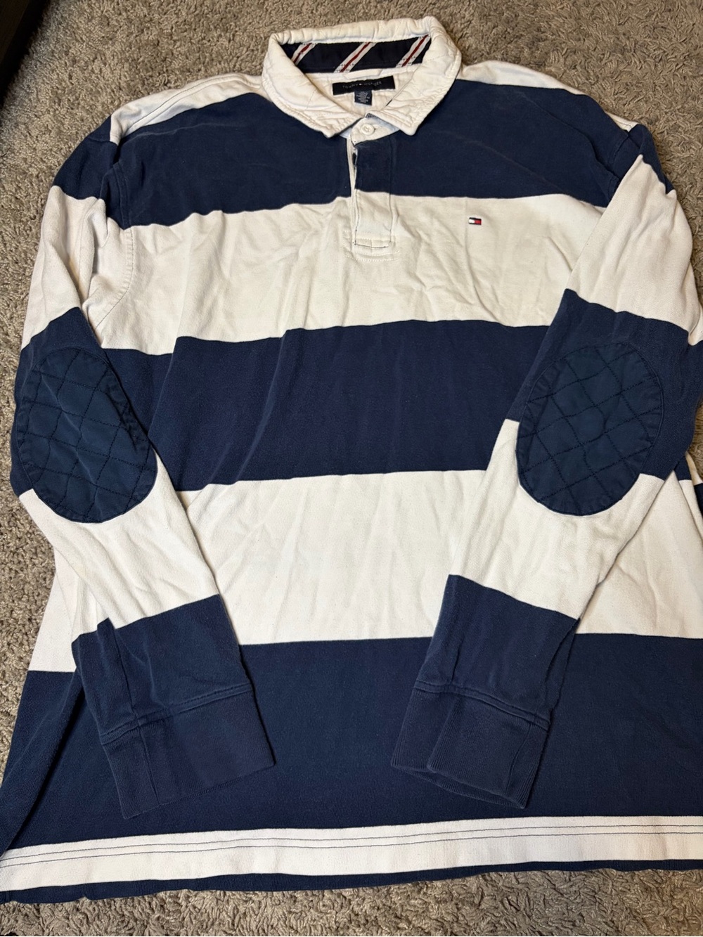 Tommy Hilfiger Navy and White Striped Rugby Polo